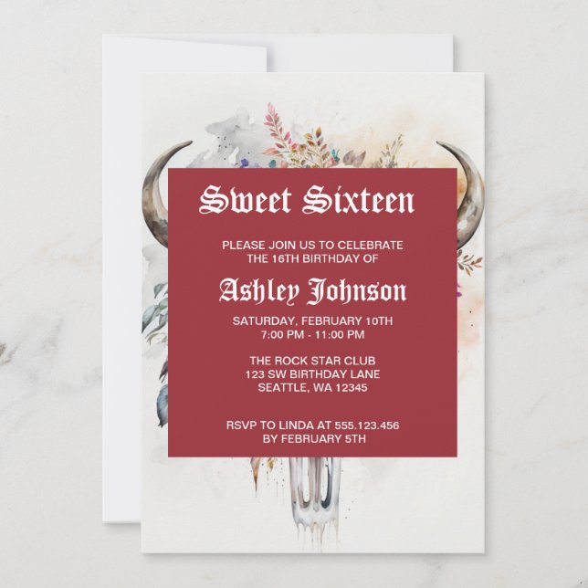 Floral Bull Skull Watercolor Art Invitation (Front)