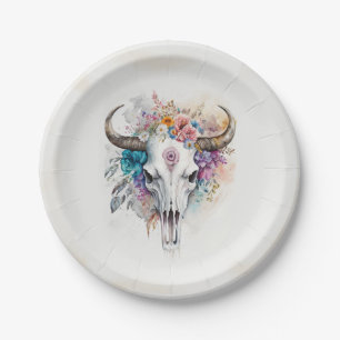 Floral Bull Skull Watercolor Art Paper Plates
