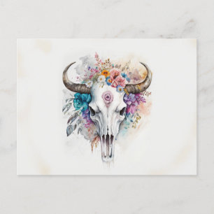 Floral Bull Skull Watercolor Art Postcard