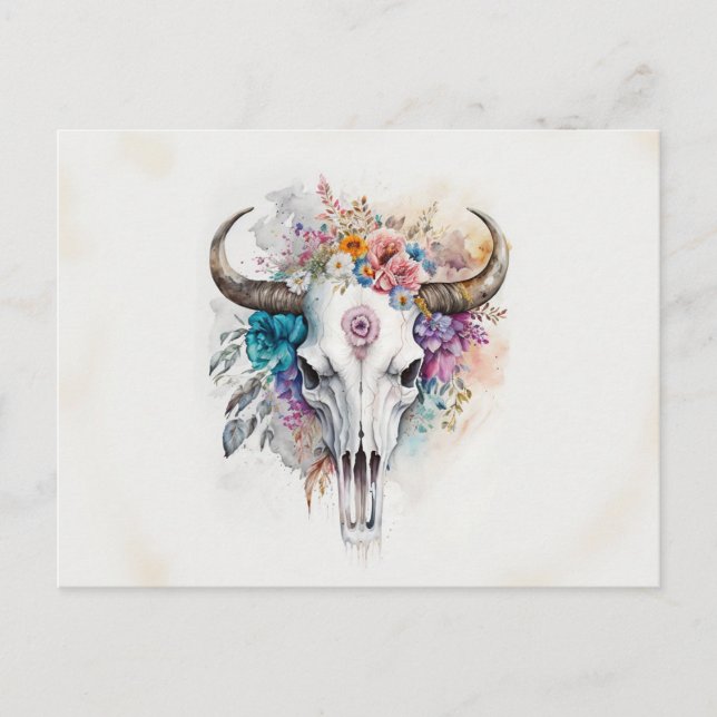 Floral Bull Skull Watercolor Art Postcard (Front)