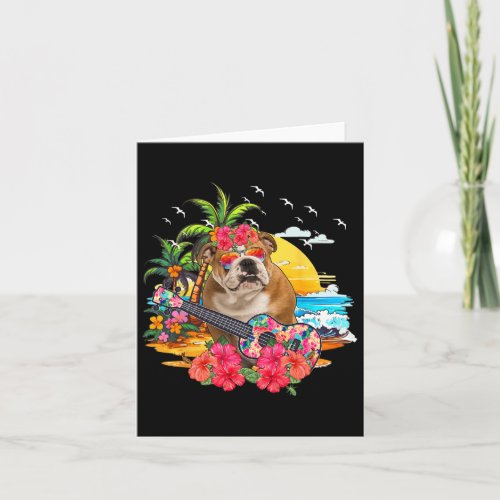 Floral Bulldog Sungles Playing Guitar On Beach  Card