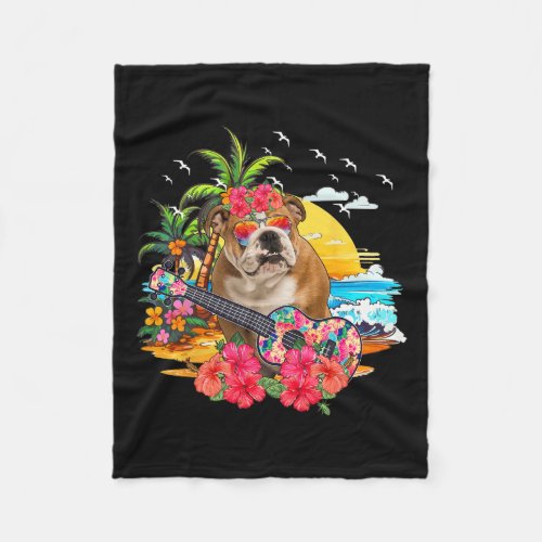 Floral Bulldog Sungles Playing Guitar On Beach  Fleece Blanket