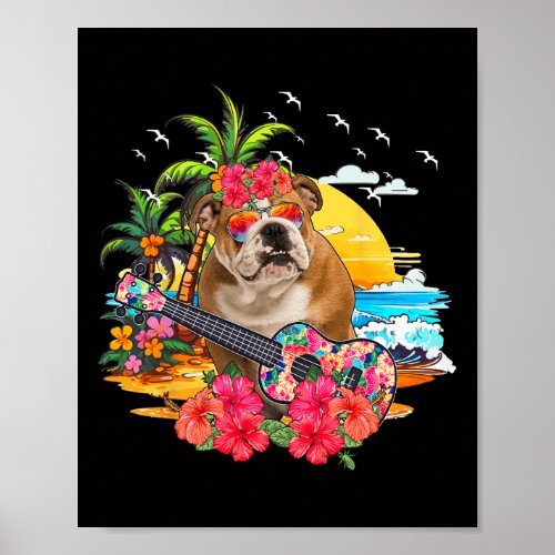 Floral Bulldog Sungles Playing Guitar On Beach  Poster