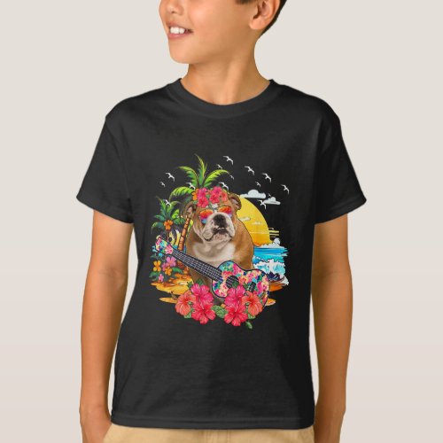 Floral Bulldog Sungles Playing Guitar On Beach  T_Shirt