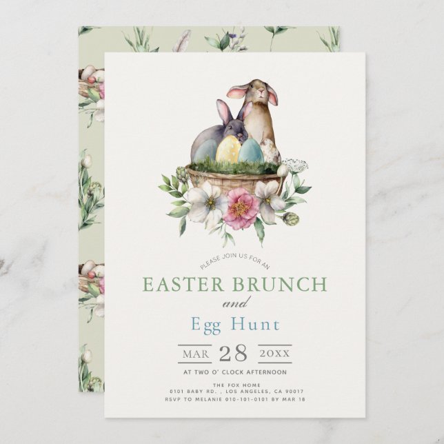 Floral Bunnies Brunch & Egg Hunt Invitation (Front/Back)
