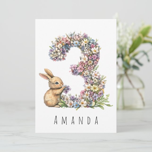 Floral Bunny 3rd Birthday Card (Standing Front)