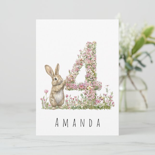 Floral Bunny 4th Birthday Card (Standing Front)