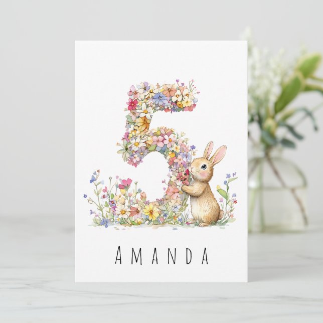 Floral Bunny 5th Birthday Card (Standing Front)