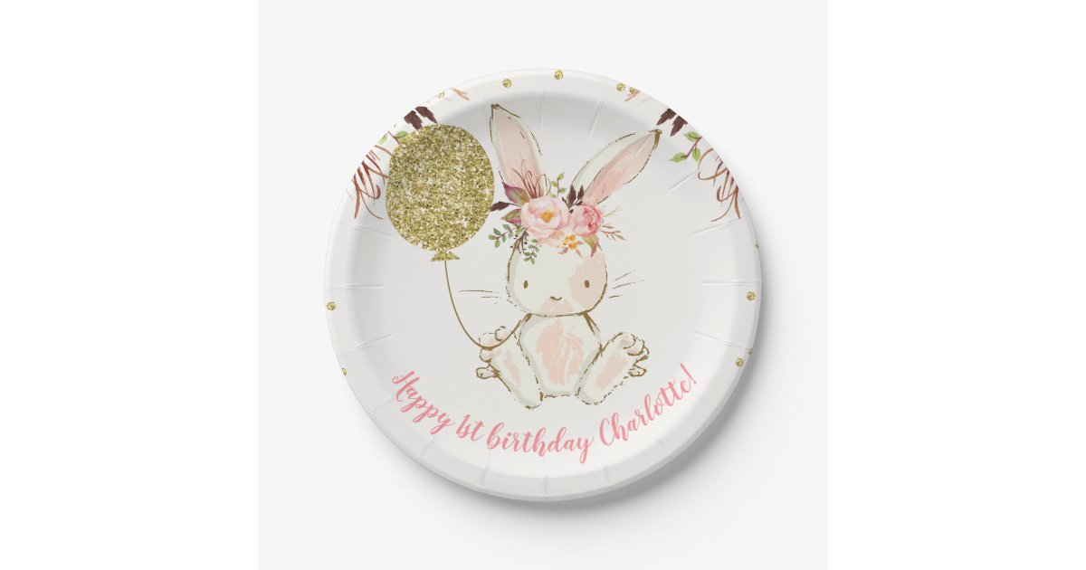 Download Floral Bunny Birthday Party Paper Plate Zazzle Com