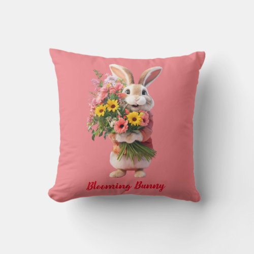 Floral Bunny Bliss Cheerful Cartoon Rabbit Pillow