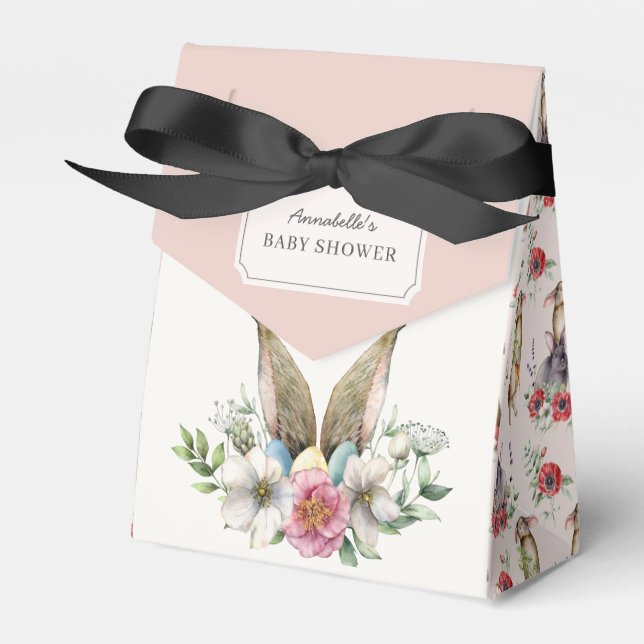 Floral Bunny Ear Baby Shower Pink Favor Box (Front Side)