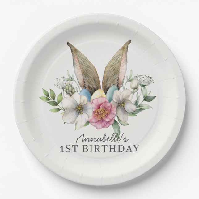 Floral Bunny Ear Birthday Paper Plates (Front)