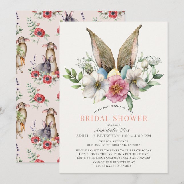 Floral Bunny Ear Drive-by Bridal Shower Invitation (Front/Back)