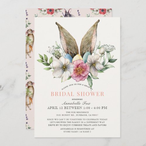 Floral Bunny Ear Drive_by Bridal Shower Invitation