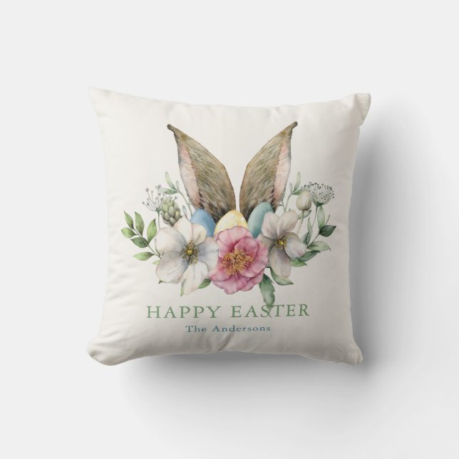 Floral Bunny Ear & Eggs Easter Throw Pillow (Front)