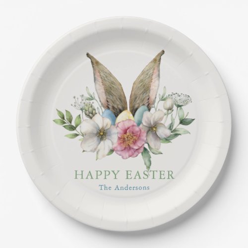 Floral Bunny Ear Happy Easter Paper Plates