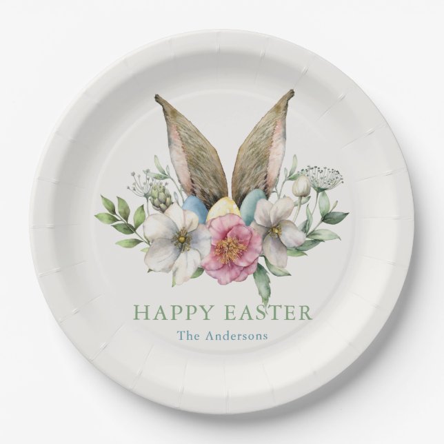 Floral Bunny Ear Happy Easter Paper Plates (Front)