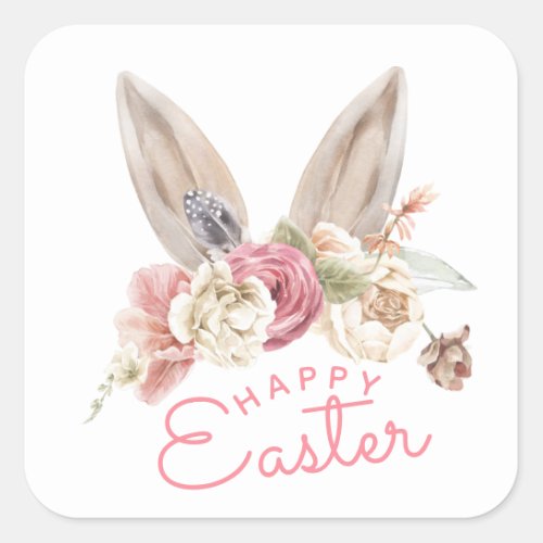 Floral Bunny Ears  Happy Easter  Square Sticker