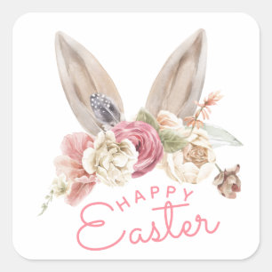 Floral Bunny Ears Happy Easter Square Sticker