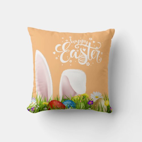 Floral Bunny Ears Happy Easter  Throw Pillow