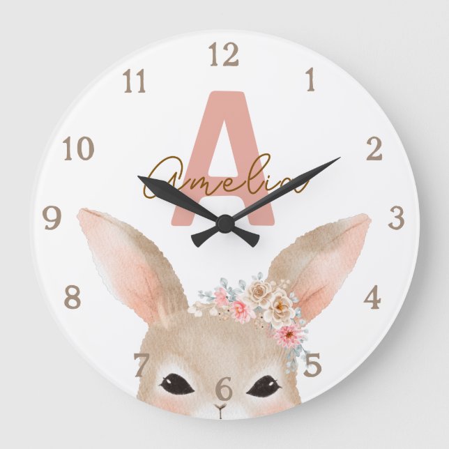 Floral Bunny Ears Monogram Nursery Clock Personali (Front)