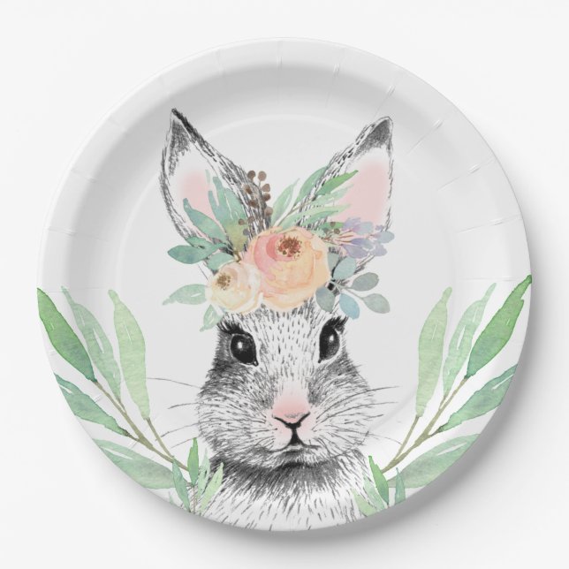 Floral Bunny Easter Paper Plates (Front)