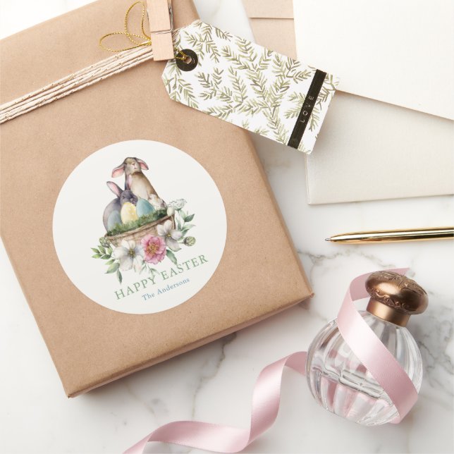 Floral Bunny Eggs Happy Easter Classic Round Sticker (Gifting)