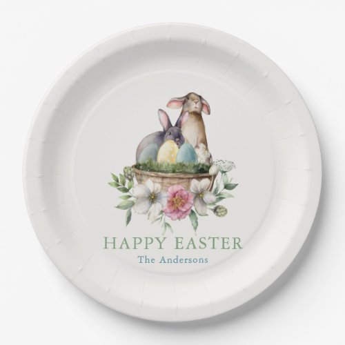 Floral Bunny Eggs Happy Easter Paper Plates