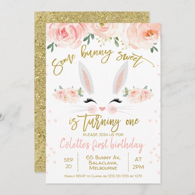 Floral bunny face 1st Birthday Invitation (Front/Back)