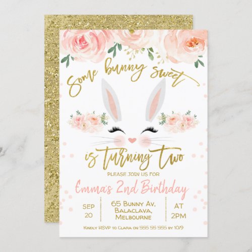Floral bunny face 2nd Birthday Invitation