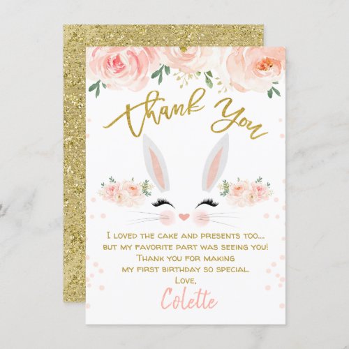 Floral bunny face birthday thank you card