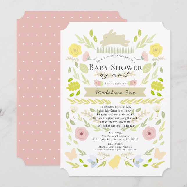Floral Bunny Foliage Pink Girl Baby Shower by Mail Invitation (Front/Back)