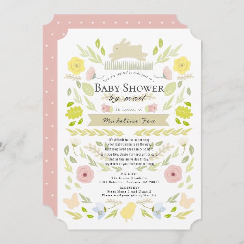 Floral Bunny Foliage Pink Girl Baby Shower by Mail Invitation