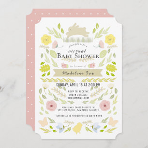 Floral Bunny Foliage Pink Virtual Baby Shower Invitation