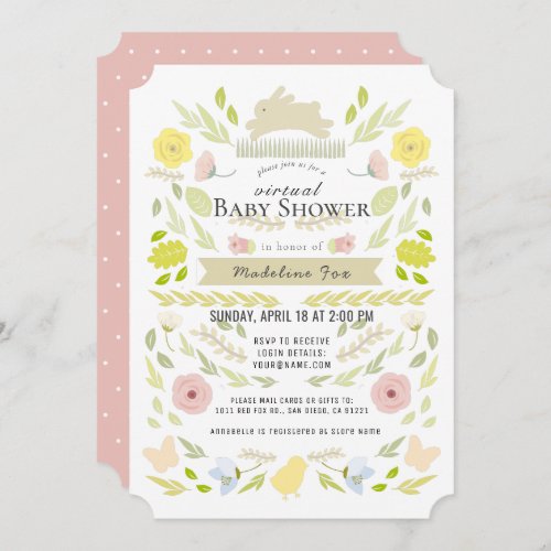 Floral Bunny Foliage Pink Virtual Baby Shower Invitation