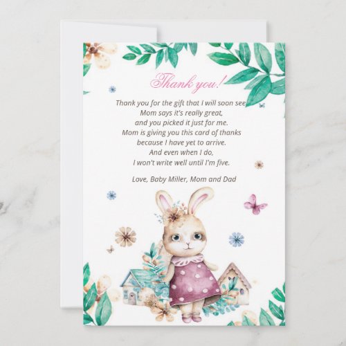 Floral Bunny Girl Baby Shower Thank You Card