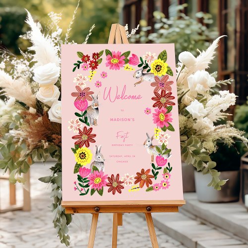 Floral Bunny Girl Birthday Party Welcome Sign