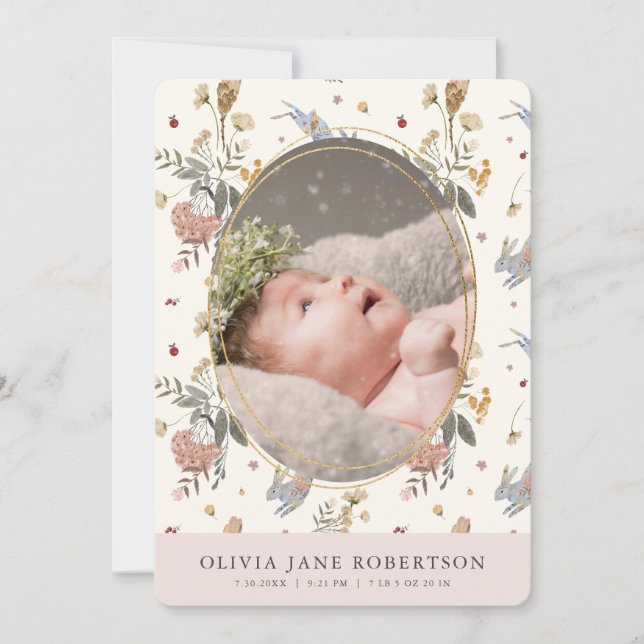Floral Bunny Girl Photo Birth Announcement (Front)