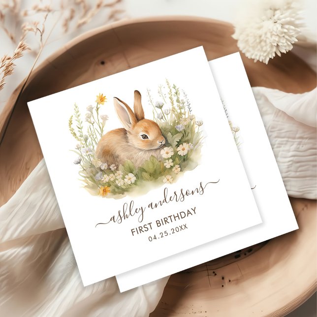 Floral Bunny Girl's Spring 1st Birthday Napkins (Creator Uploaded)