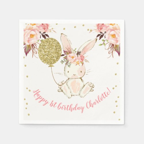 Floral Bunny Happy Birthday Paper Napkin