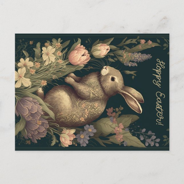 Floral Bunny Hop: Antique Easter Greetings, Hoppy  Postcard (Front)