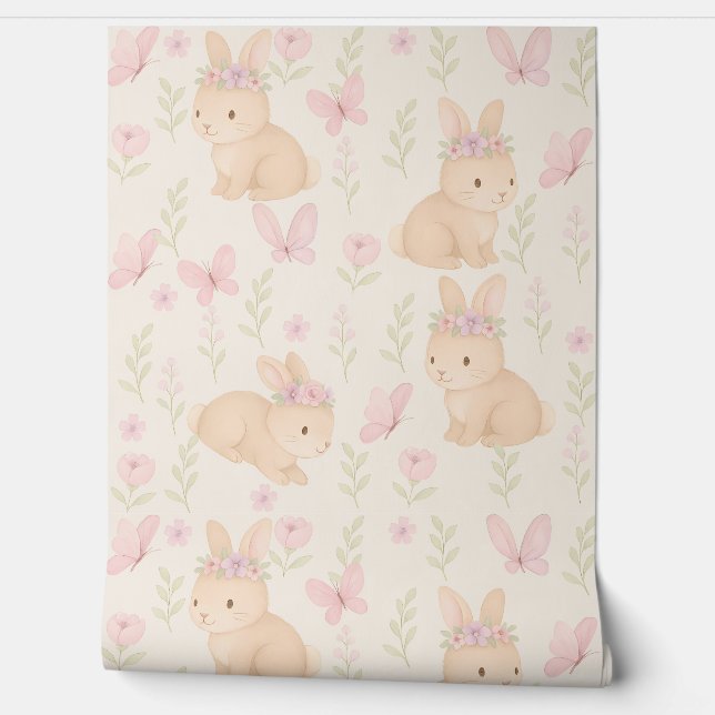 Floral Bunny Nursery Wallpaper – Soft Pink  Wallpaper (Unrolling)