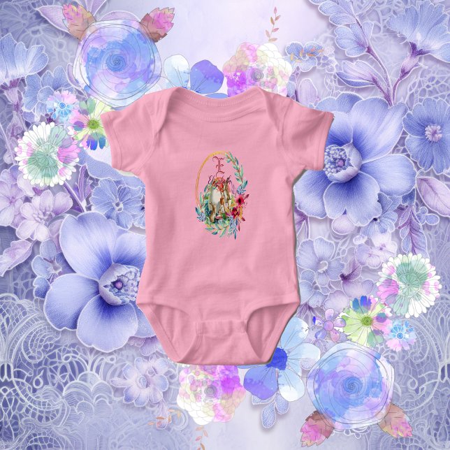 Floral Bunny Painting Egg Monogram Custom Name  Baby Bodysuit (Floral Bunny Painting Egg Monogram Custom Name Baby Bodysuit)