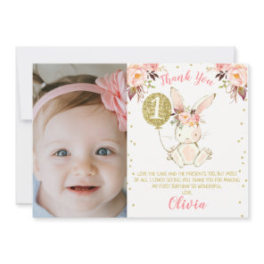 Floral Bunny Photo 1st Birthday Thank You Card