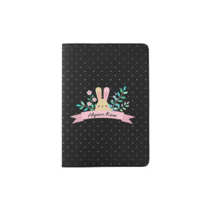 Floral Bunny Pink & Black Name Passport Holder