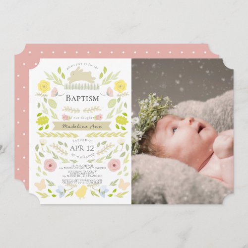 Floral Bunny Pink Girl Photo Baptism Invitation