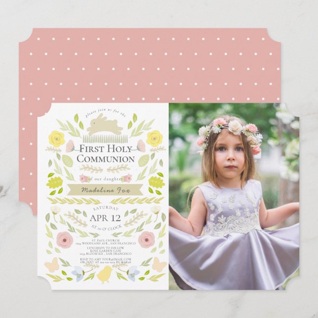 Floral Bunny Pink Girl Photo First Holy Communion Invitation (Front/Back)