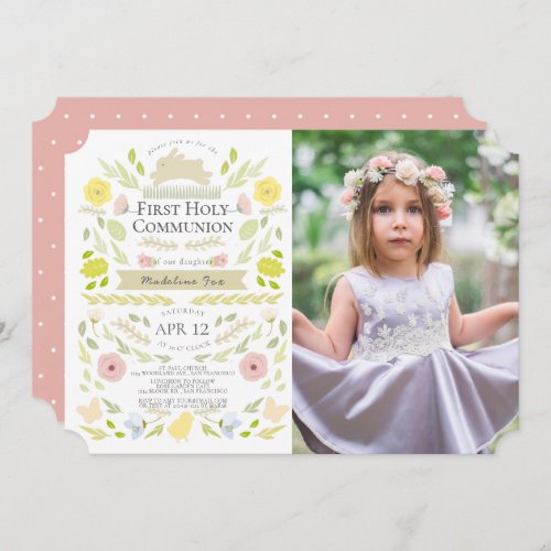 Floral Bunny Pink Girl Photo First Holy Communion Invitation