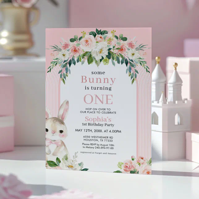 Floral Bunny Rabbit 1st Birthday Invitation | Zazzle
