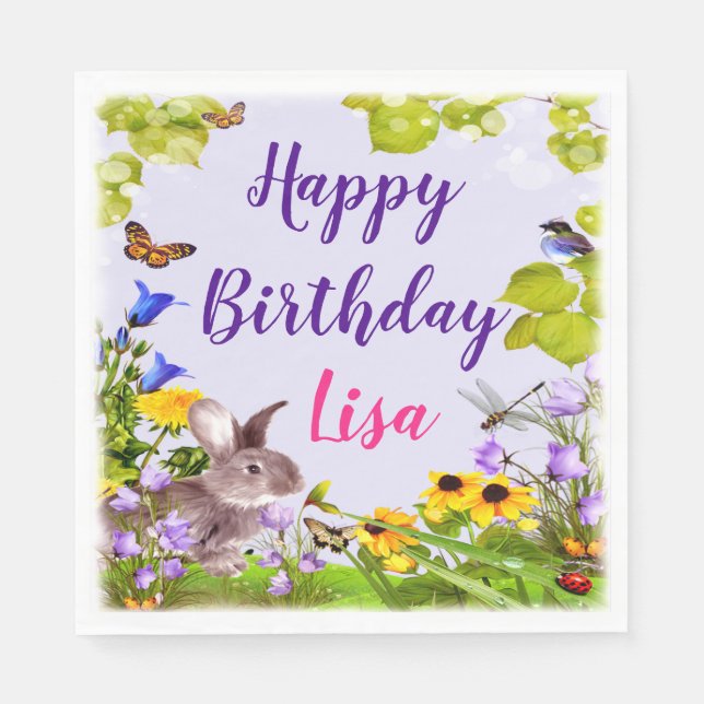 Floral Bunny Rabbit Birthday Party Napkins (Front)
